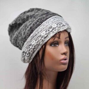 Fleece Lined Lace Trimmed Slouchy Beanie Hat Knitted Charcot Grey with Metallic